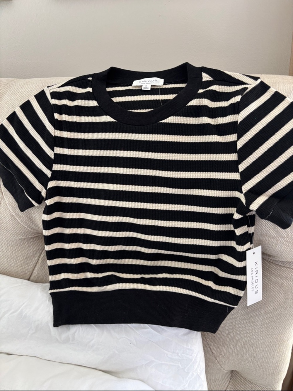 Kinloug Black & Cream Striped Short Sleeve Knit Tee